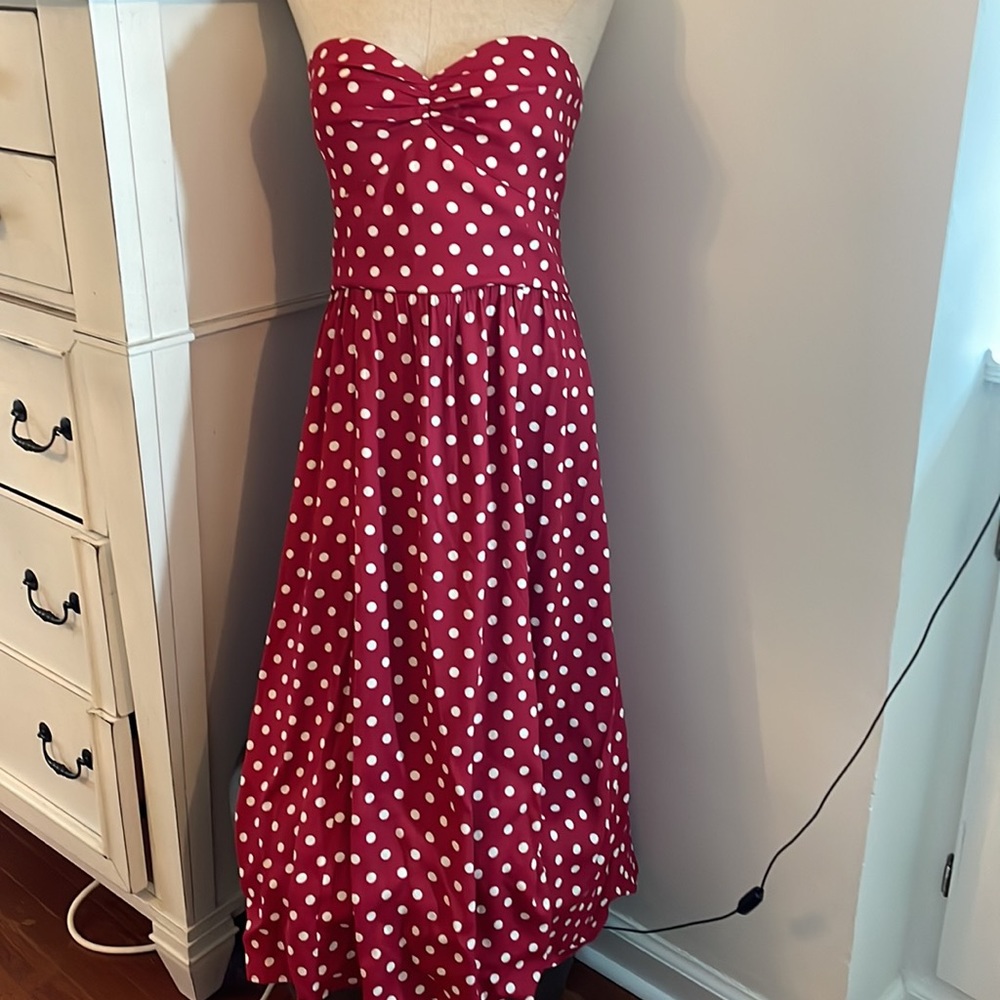Reformation Strapless Raspberry Polka Dot Midi Dress - Picture 7 of 8